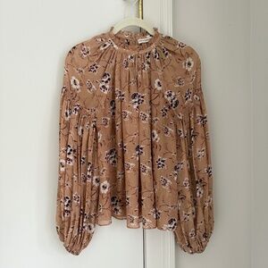 Ulla Johnson Arnoux Silk Blouse in Cafe Floral Print with Metallic Thread Size 0